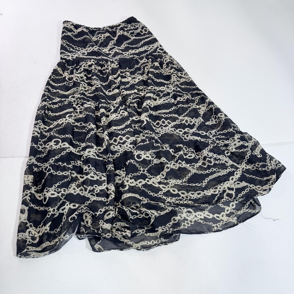 Chain Print Skirt Womens 2 Black Chiffon Maxi Boho Tiered Elastic Waist Lined